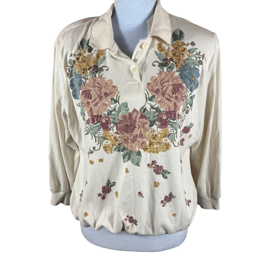 Vintage Teddi Cream Floral Print  Pullover – 1970s–80s | Size M